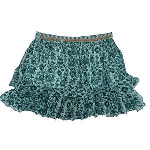 Anthropologie NIKASHA Mini Skirt Tiered Floral Beaded Size S Blue Green Boho